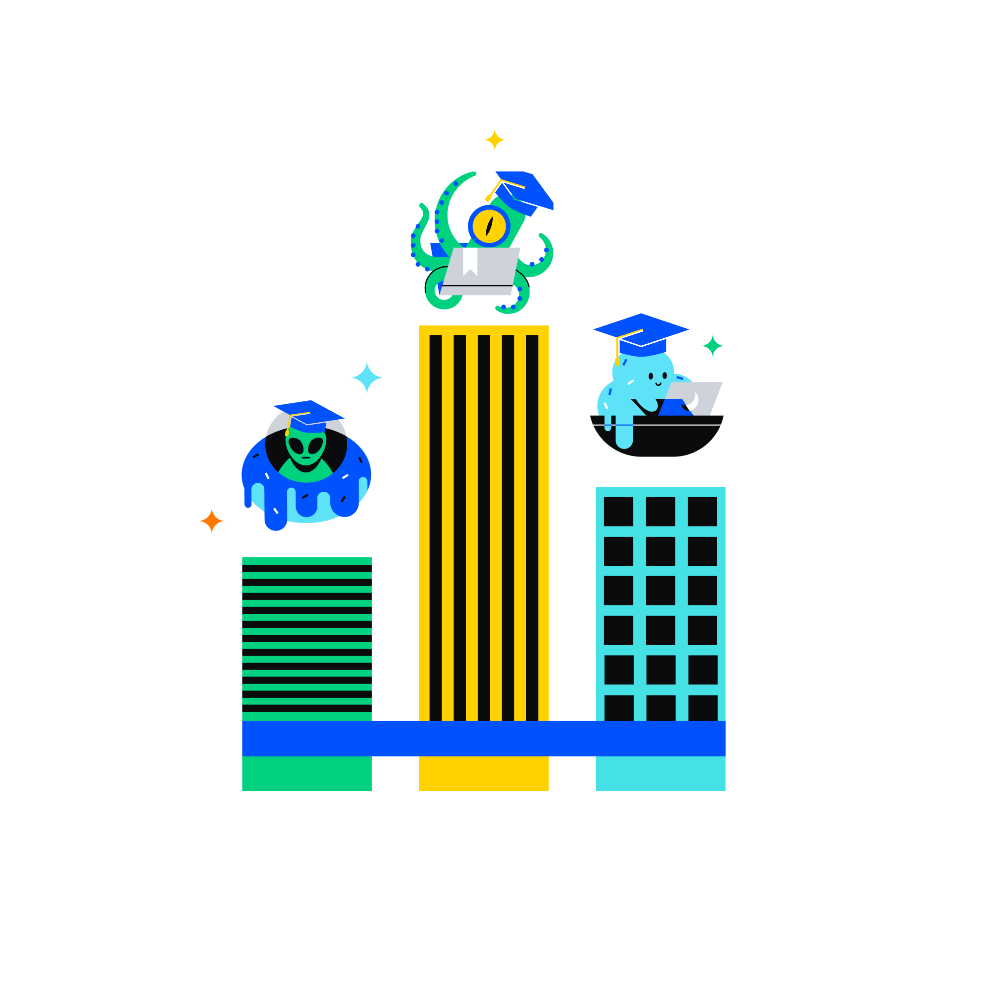 Illustration of cryptern aliens in graduation caps above buildings