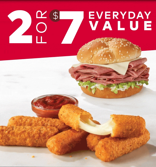 Arby's new 2 for $7 Everyday Value lineup features the Ranch 'n Swiss Roast Beef sandwich, Buffalo Crispy Chicken sandwich, and 6pc Mozzarella Sticks.