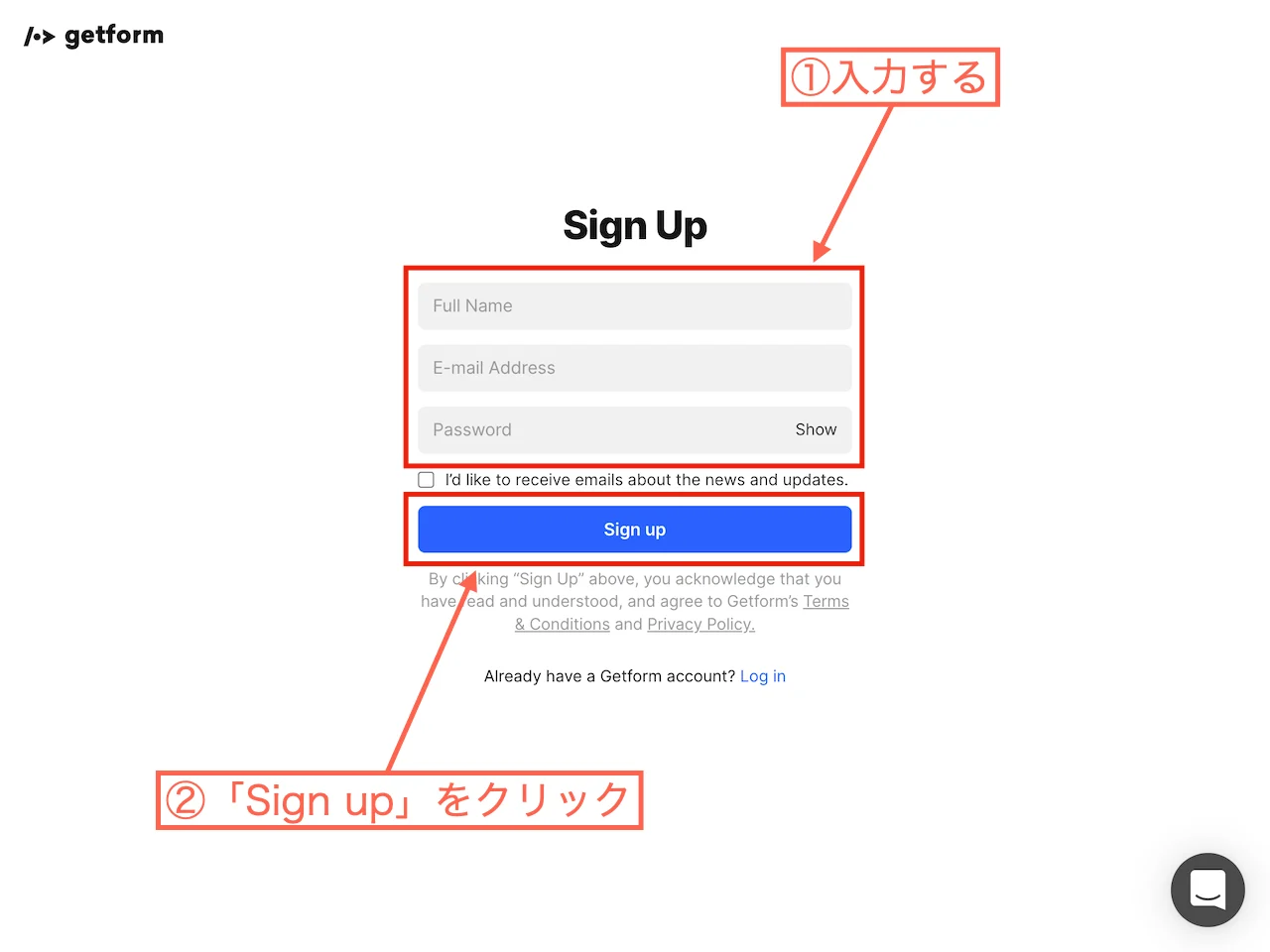 必要事項を入力して「Sign up」をクリック