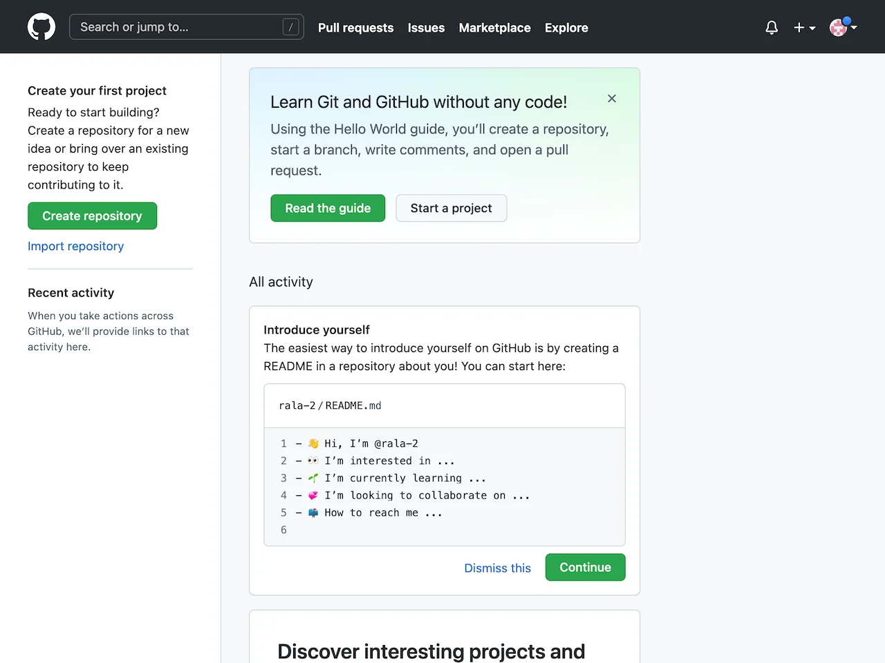 GitHubのアカウント作成が完了するとこのページが表示される