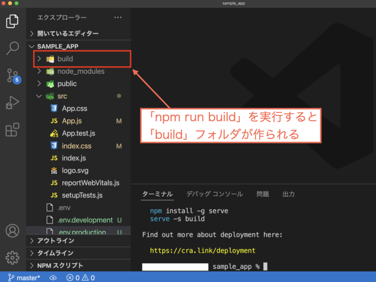 「npm run build」を実行すると「build」フォルダが作られる
