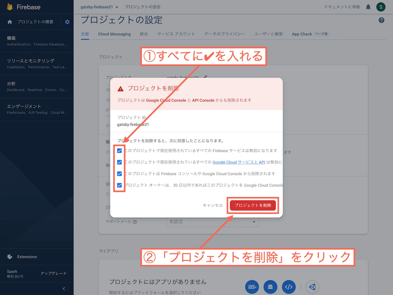 すべてに✔を入れて「プロジェクトを削除」をクリック
