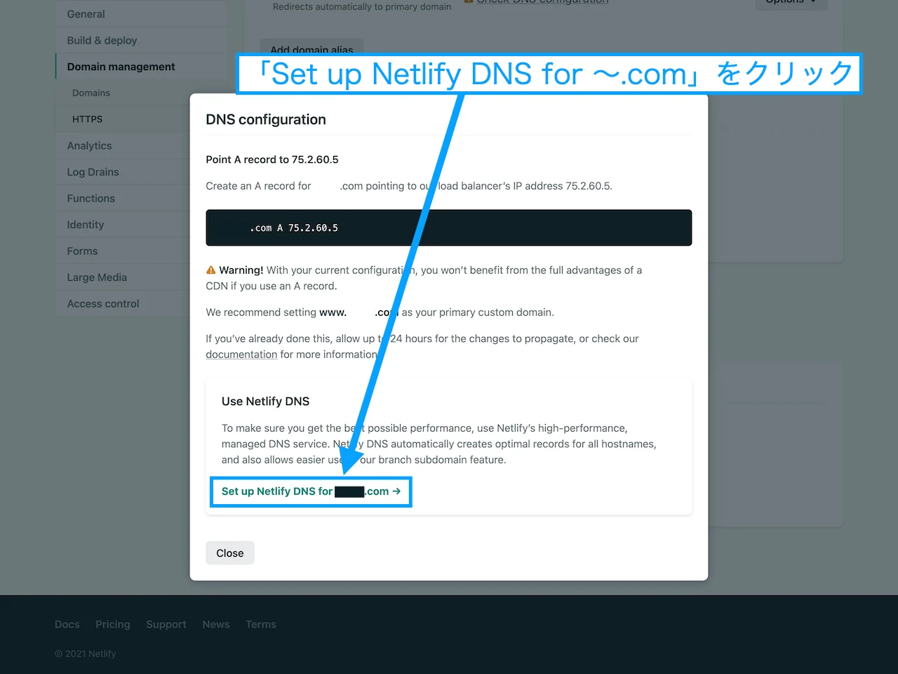 「Set up Netlify DNS for 〜.com」をクリック