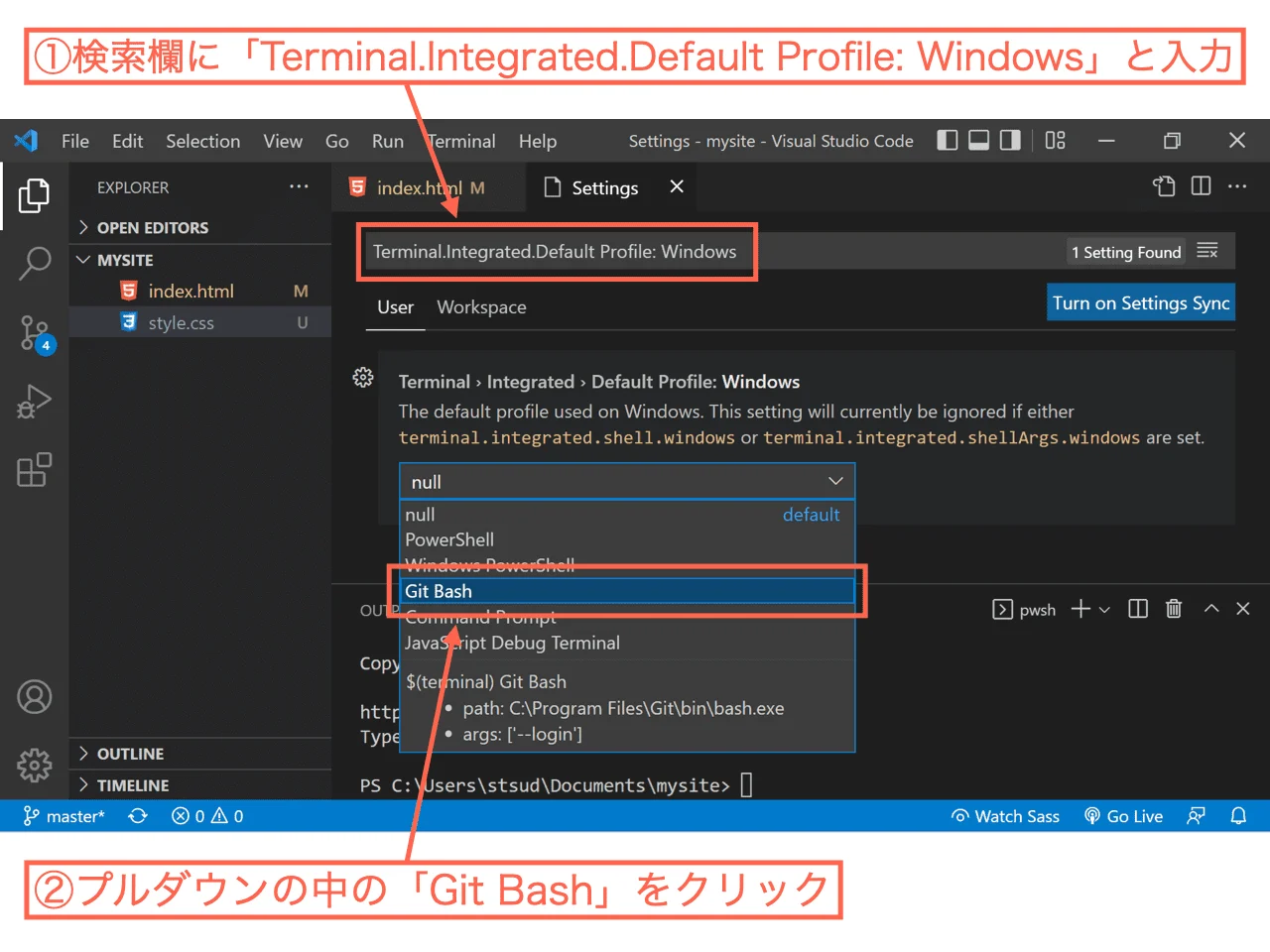 Git Bashをデフォルトに設定する