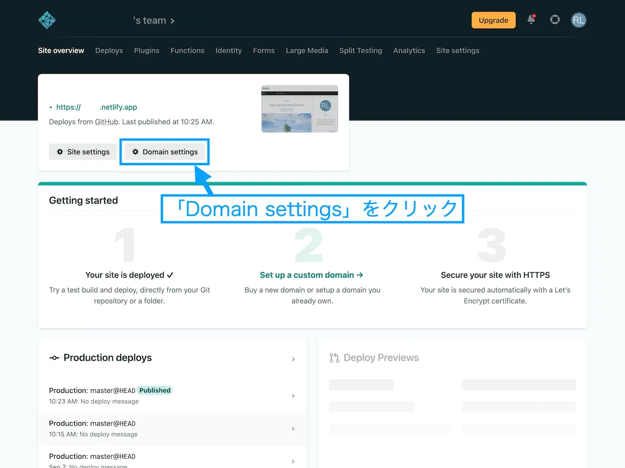 「Domain settings」をクリックします
