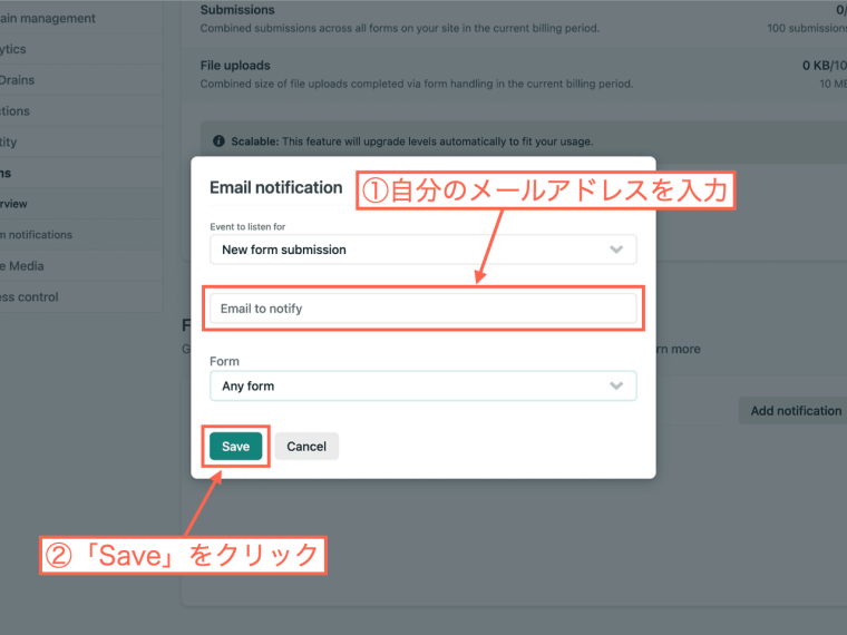 自分のメールアドレスを入力して「Save」をクリック