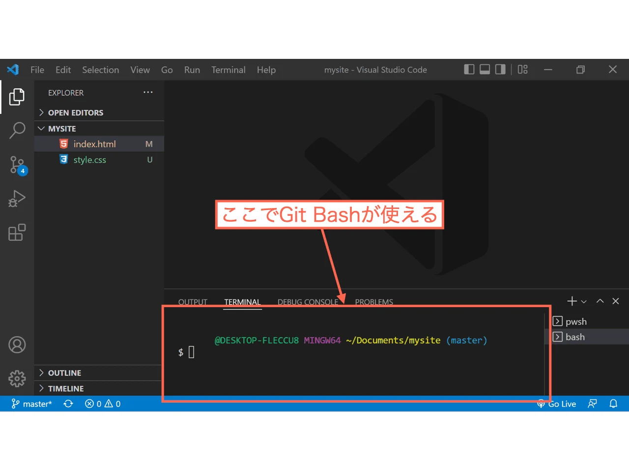 新たにターミナルが開きGit Bashが使えるようになる