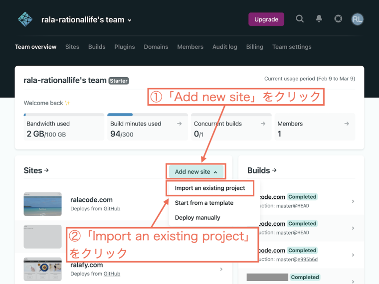「Add new site」をクリックして「Import an existing project」をクリックする