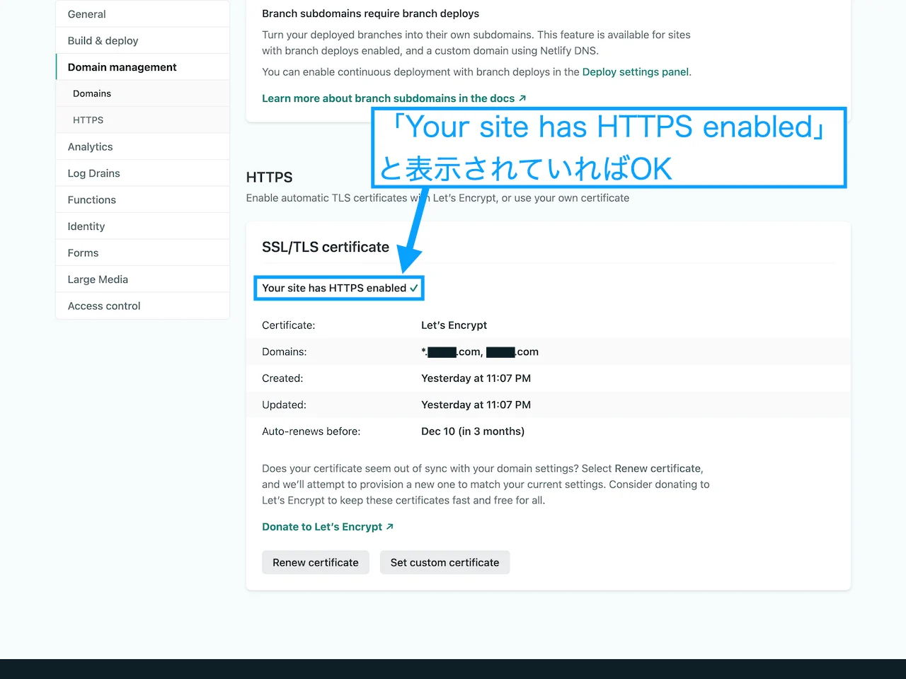 「Your site has HTTPS enabled」 と表示されていればOK