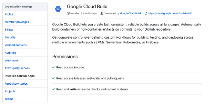 Google Cloud Build app’s Configure page, offering no configuration options