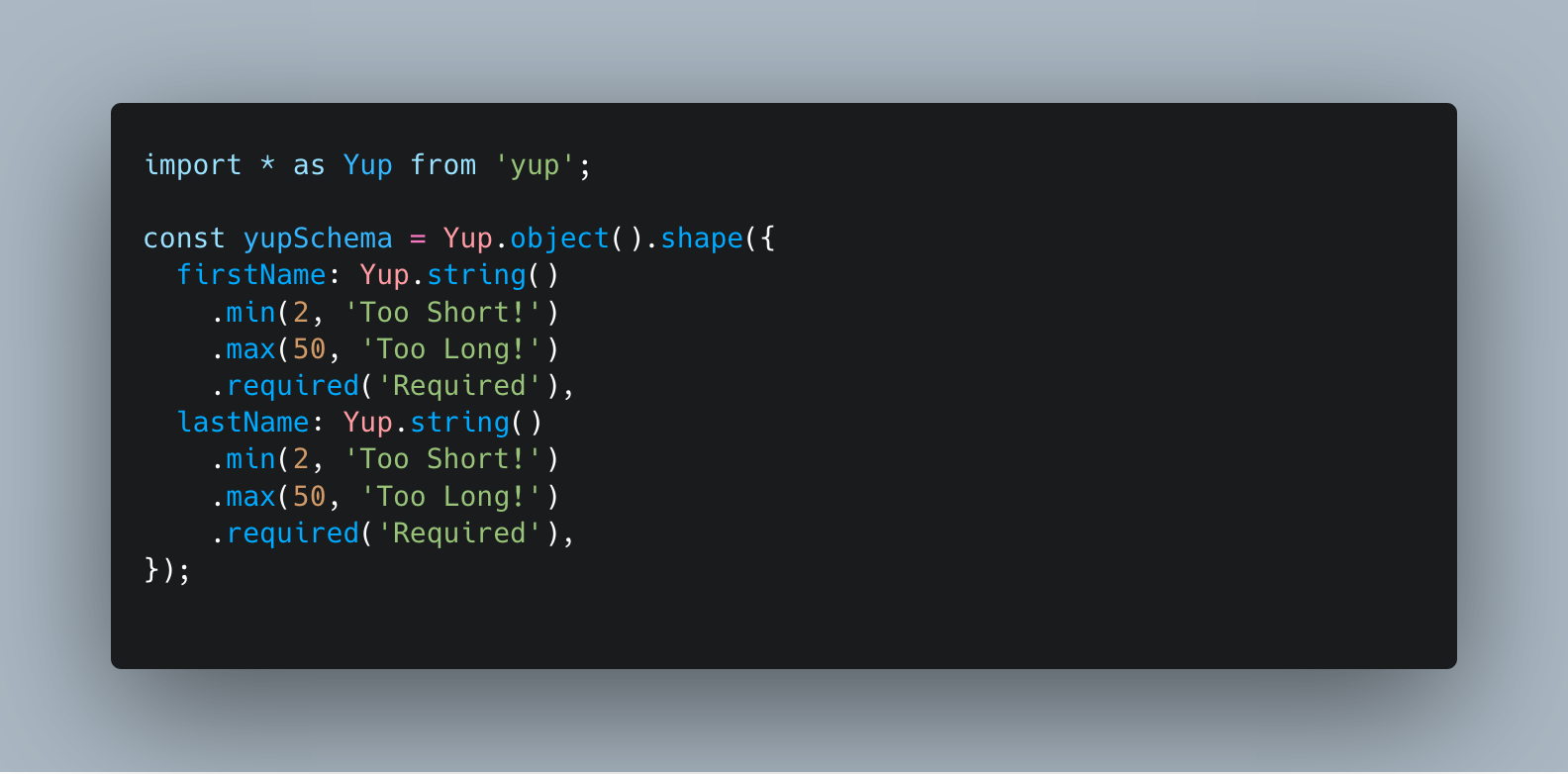 Example of validation with Yup
