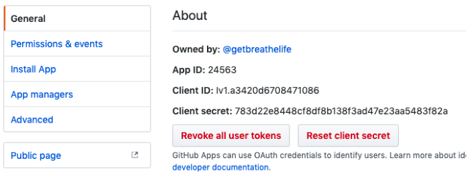 App credentials will allow you to authenticate with the GitHub API. No, those aren’t our real credentials.