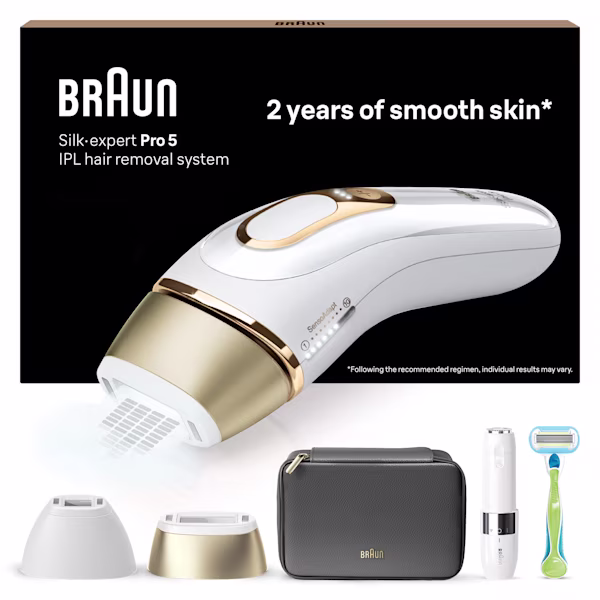 IPL zařízení s černým pouzdrem, dvěma nástavci, holicím strojkem Gillette Venus Extra smooth a mini holicím strojkem na obličej. IPL zařízení s černým pouzdrem, dvěma nástavci, holicím strojkem Gillette Venus Extra smooth a mini holicím strojkem na obličej.