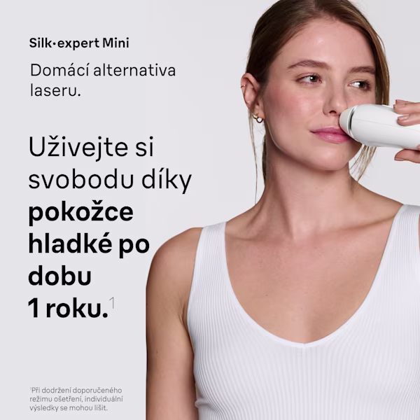 Snímek ženy, která používá přístroj Braun Silk·expert Mini v oblasti nad horním rtem. Snímek ženy, která používá přístroj Braun Silk·expert Mini v oblasti nad horním rtem.