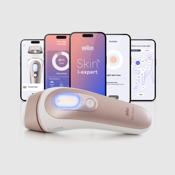 Přístroj Skin i·expert IPL v přední části, aplikace Skin i·expert na mobilních zařízeních zobrazující různá uživatelská rozhraní. 