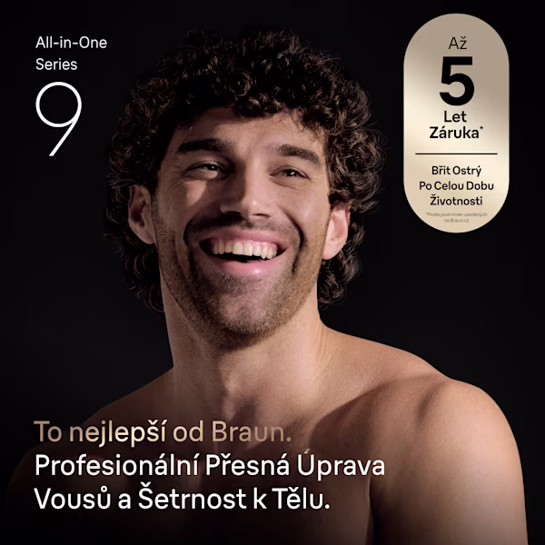 Muž s úsměvem s Braun All-in-One Series 9, zdůrazňující precizní péči o pleť a šetrnost k tělu. Muž s úsměvem s Braun All-in-One Series 9, zdůrazňující precizní péči o pleť a šetrnost k tělu.