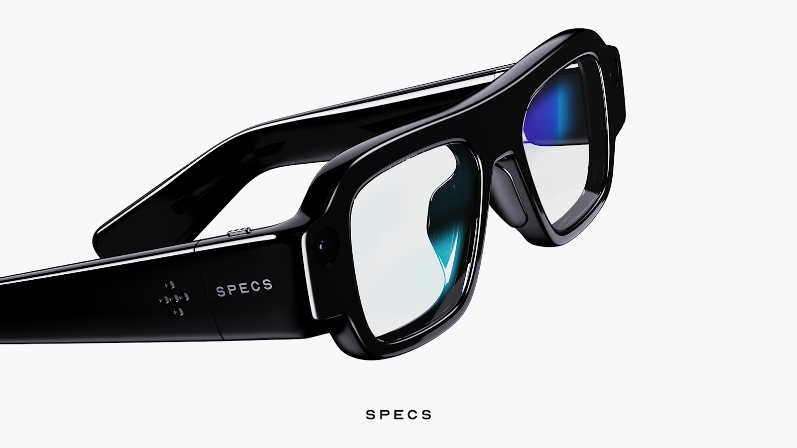 Close-up of a pair of glossy black SPECS AR glasses at a three-quarter angle, showing a camera set into the corner of the frame and the SPECS name printed on the arm