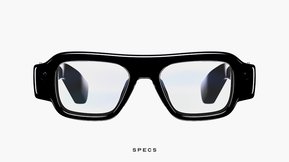 Front view of Snap’s black SPECS augmented-reality glasses.