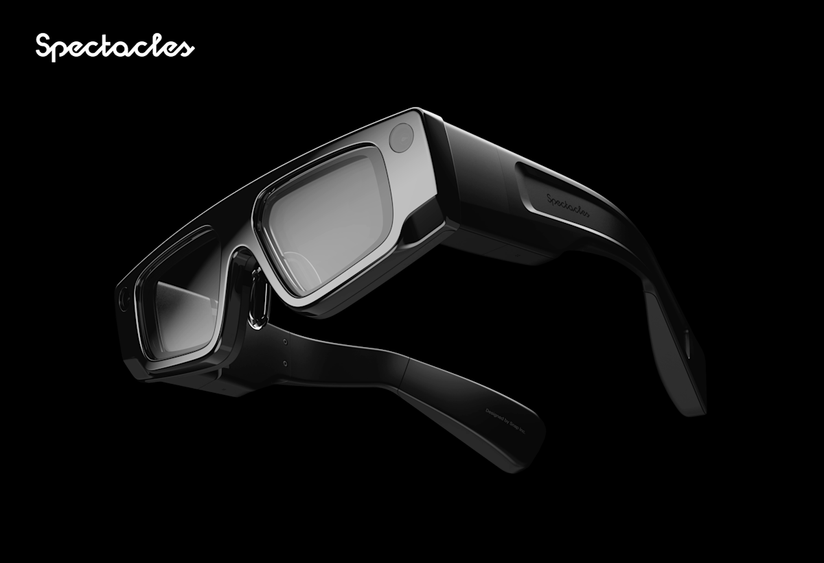Snap Spectacles 5 AR glasses product shot showing the waveguide lenses and frame hardware
