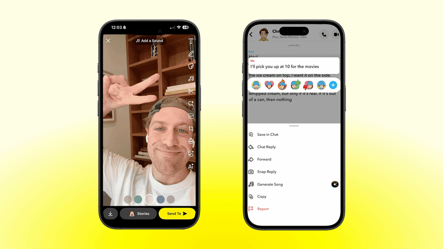 Une image divisée montrant les nouvelles fonctionnalités d'IA de Snapchat, y compris du texte transformé en chanson et une photo améliorée.