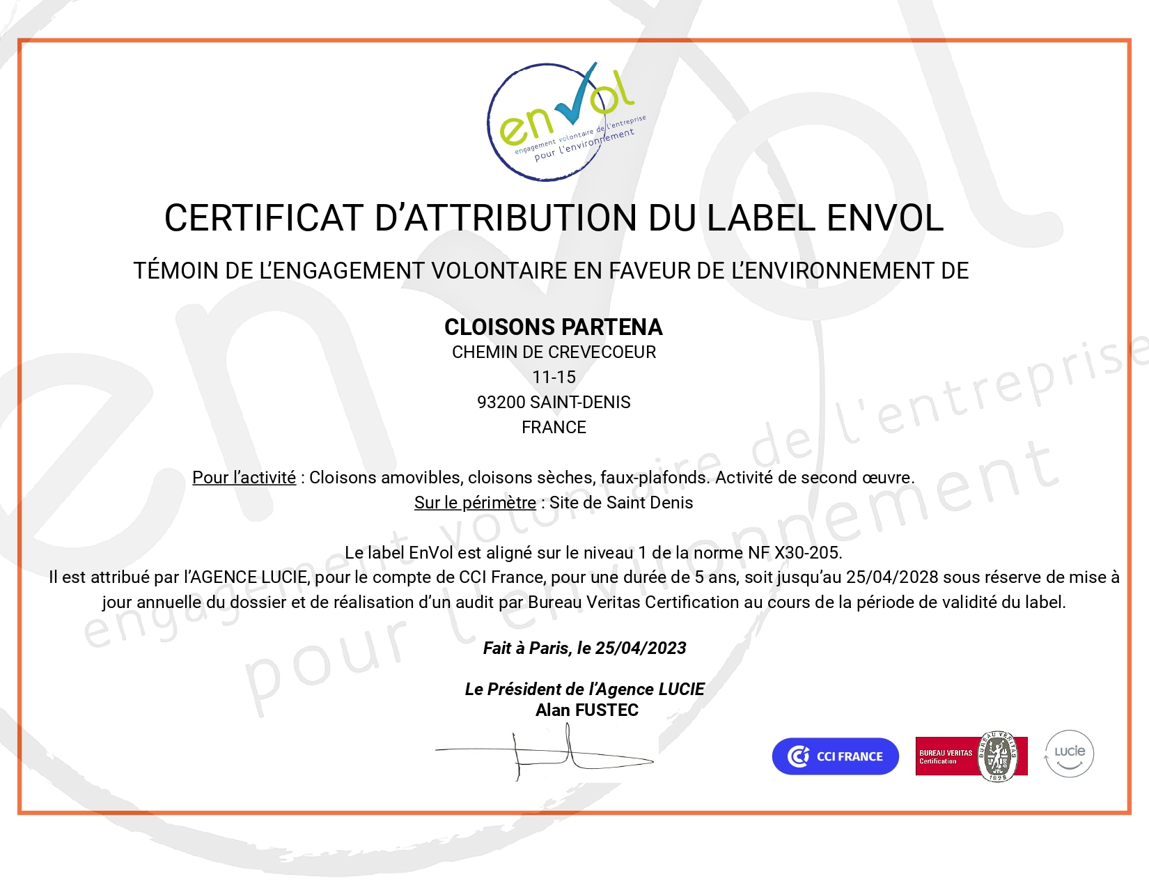 Certificat d -attribution EnVol - CLOISONS PARTENA