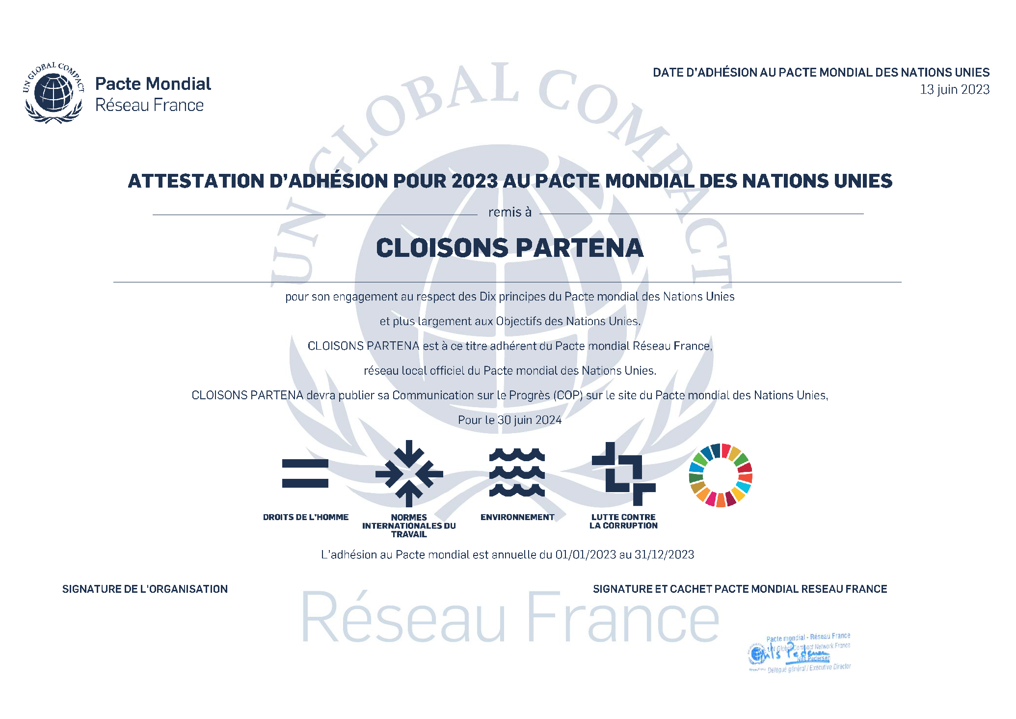 20230626 Attestation d-adhesion Pacte Mondial des Nations Unies- CLOISONS PARTENA