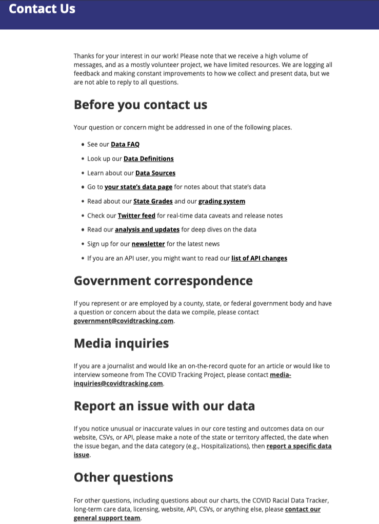 Screenshot of a long web page titled Contact Us with five distinct sections of text with headings as follows: Before you contact us, Government correspondence, Media inquiries, Report an issue with our data, and Other questions.
