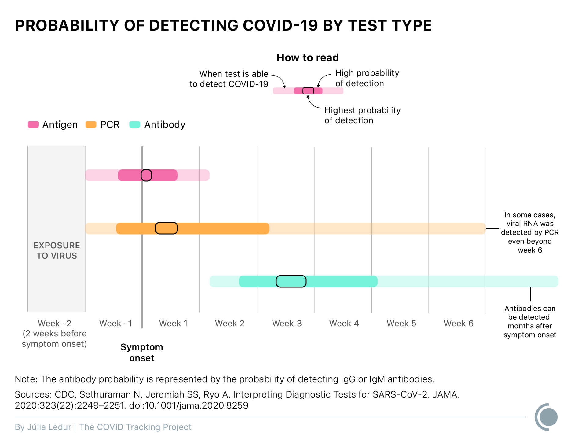 graphic shows the probability of detecting COVID-19 with an antigen, PCR and antibody test. Antigen tests can detect the virus from the week prior to symptom onset to a week after symptom onset (probability is higher immediately after symptom onset). PCR tests can detect the virus from the week prior to symptom onset to up to more six weeks after symptom onset (probability is higher a few days after symptom onset). Antibody tests can detect the virus from about 10 days after symptom onset (probability is higher about three weeks after symptom onset). Antibodies can be detected in someone's blood sample month's after infection.
