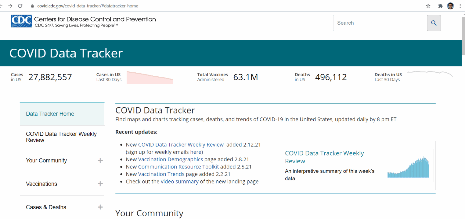 A GIF demonstrates how to download the underlying data of the CDC COVID Data Tracker. The deaths data can be downloaded from the "Cases & Deaths" section of the tracker. At the bottom of the page, a button reads "View Historic Case and Death Data." Clicking this button leads to an API page where the data can be exported. This dataset is also linked in the blog post.