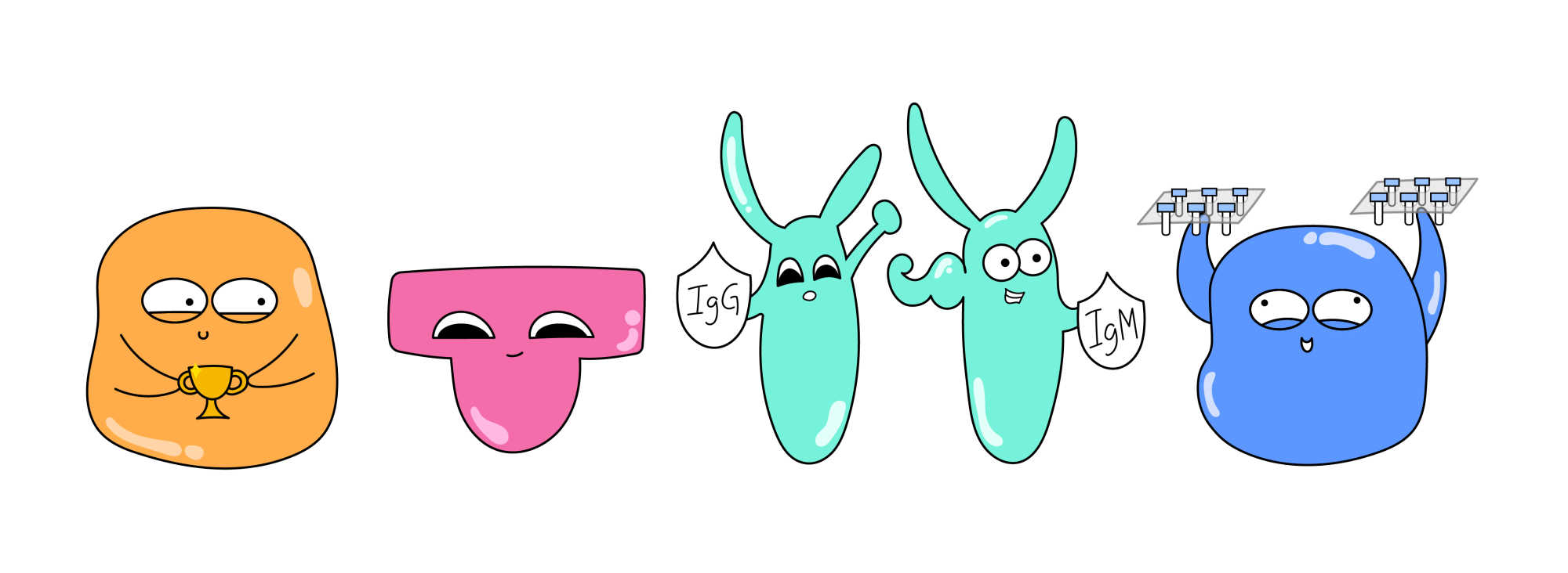 Illustration of four characters representing different test types: PCR, antigen, antibody (IgG and IgM), and pooled testing. 