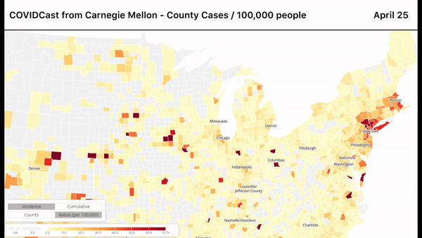 Animated map showing the number of new COVID-19 cases per 100,000 people for counties in the Upper Midwest and Eastern states. Cases have risen in most counties especially over the past 2 months.