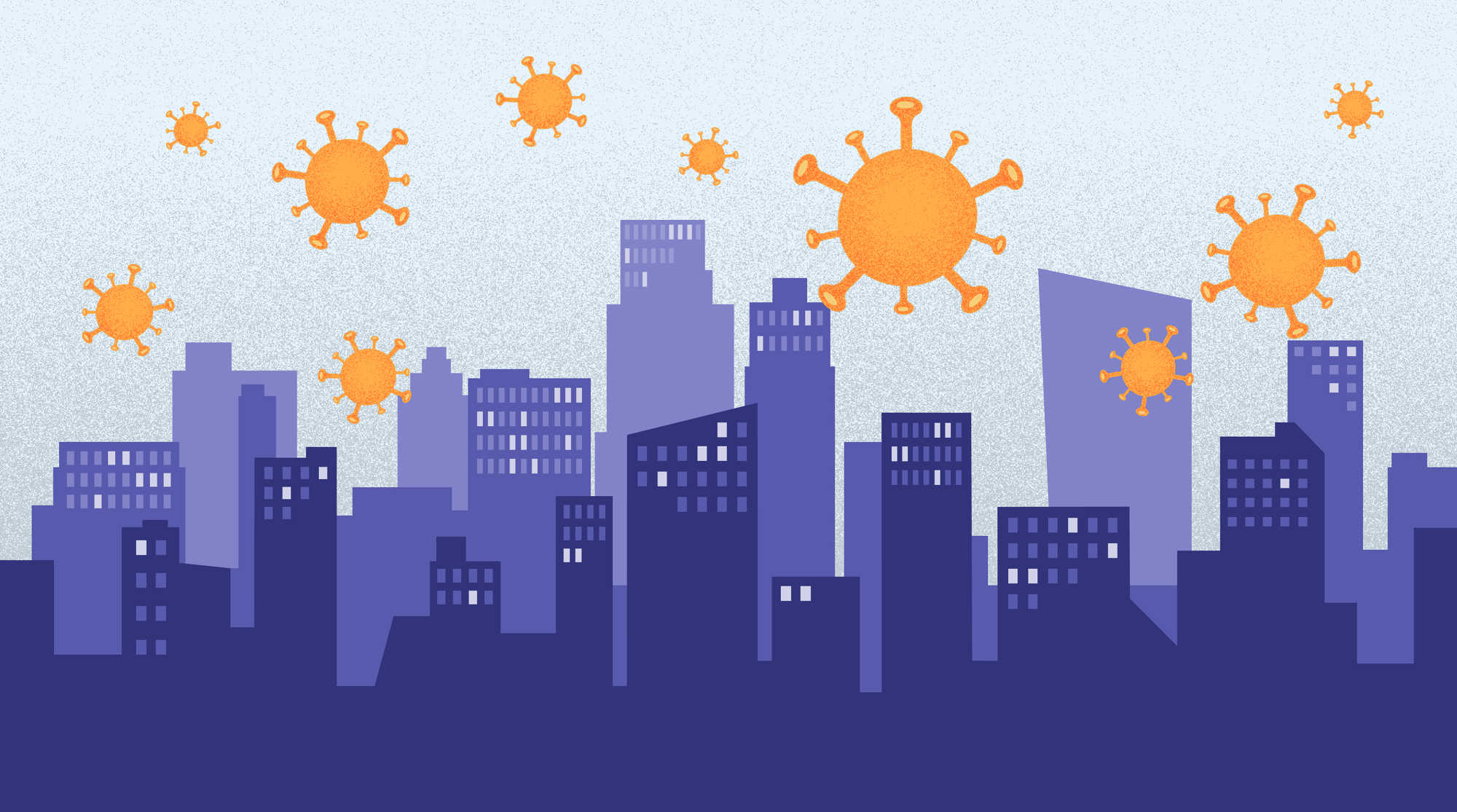 Illustration of a city skyline with COVID viruses over the city.