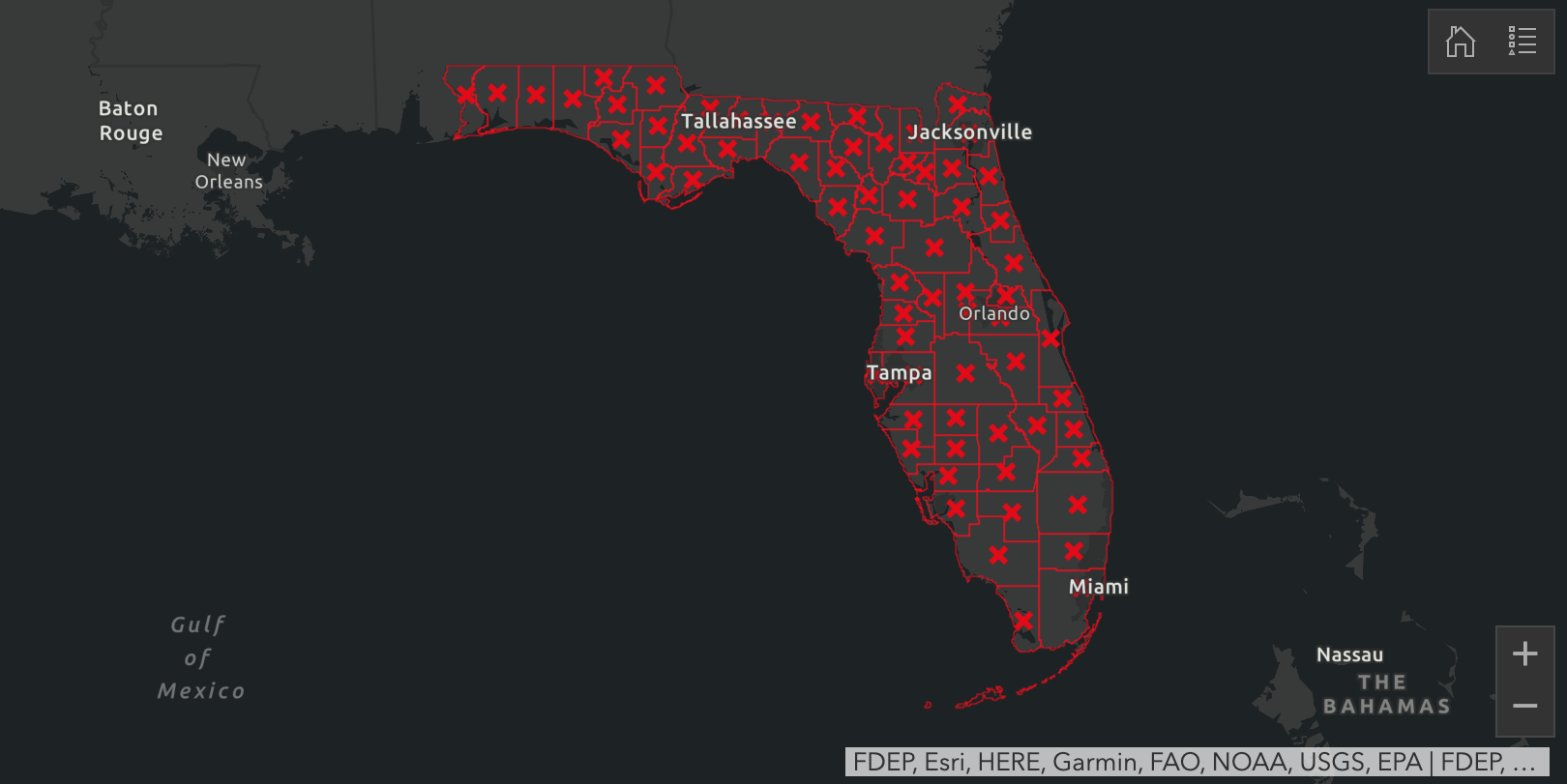 Screenshot of dashboard showing red Xs in every county in Florida based on whether or not they meet the state's reopening metrics. (None do.)