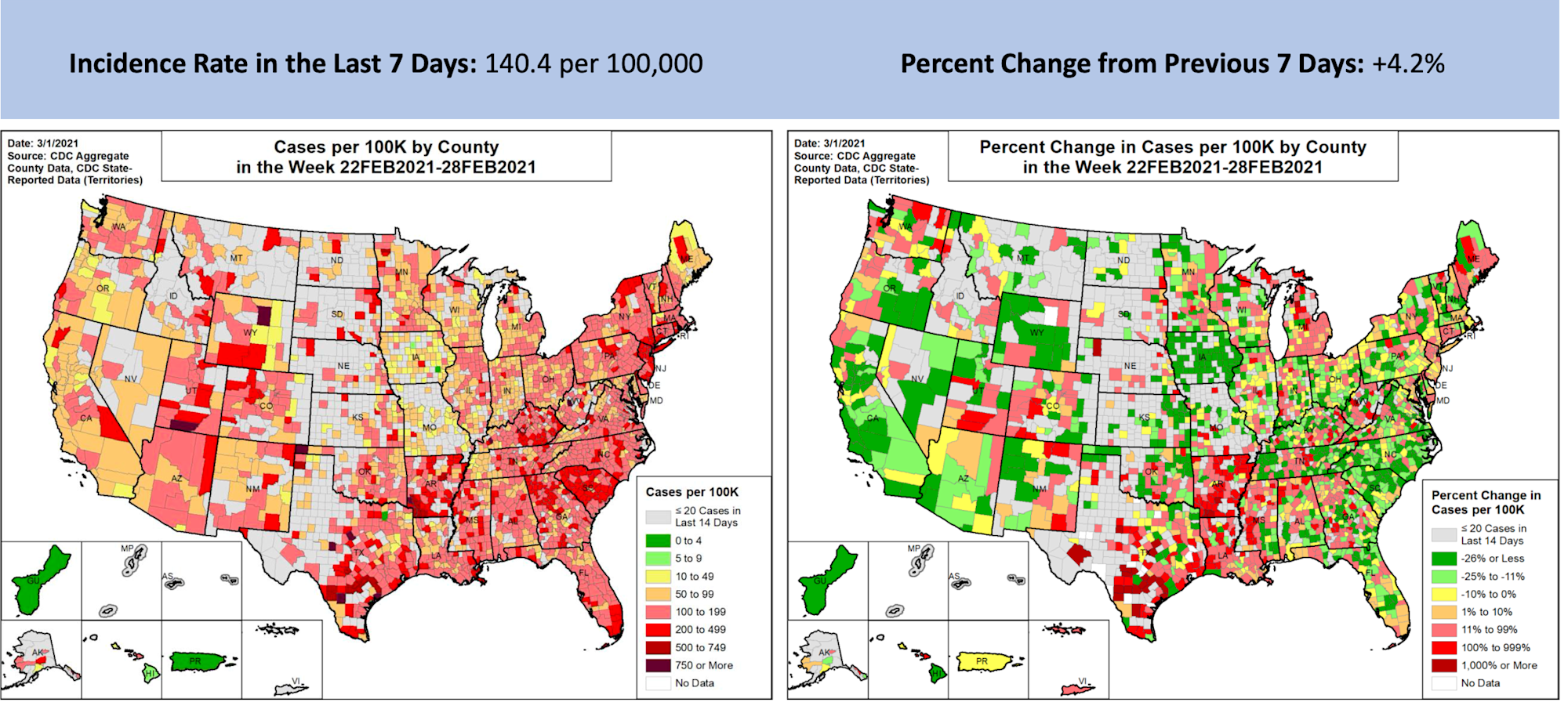 Two-panel data visualization from the CDC Community Profile Report showing side-by-side maps of the United States. The map on the left shows the 7-day incidence rate of COVID-19 cases in the US as 140.4 per 100,000 and the map on the right shows the percent change in COVID-19 cases per 100,000 people by county