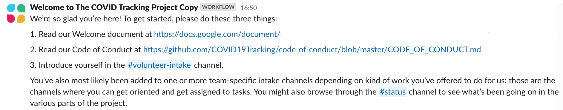 Screenshot of Slack message sent by a workflow welcoming a new volunteer and asking them to read the Welcome document, read the Code of Conduct, and introduce themselves in the volunteer intake channel.