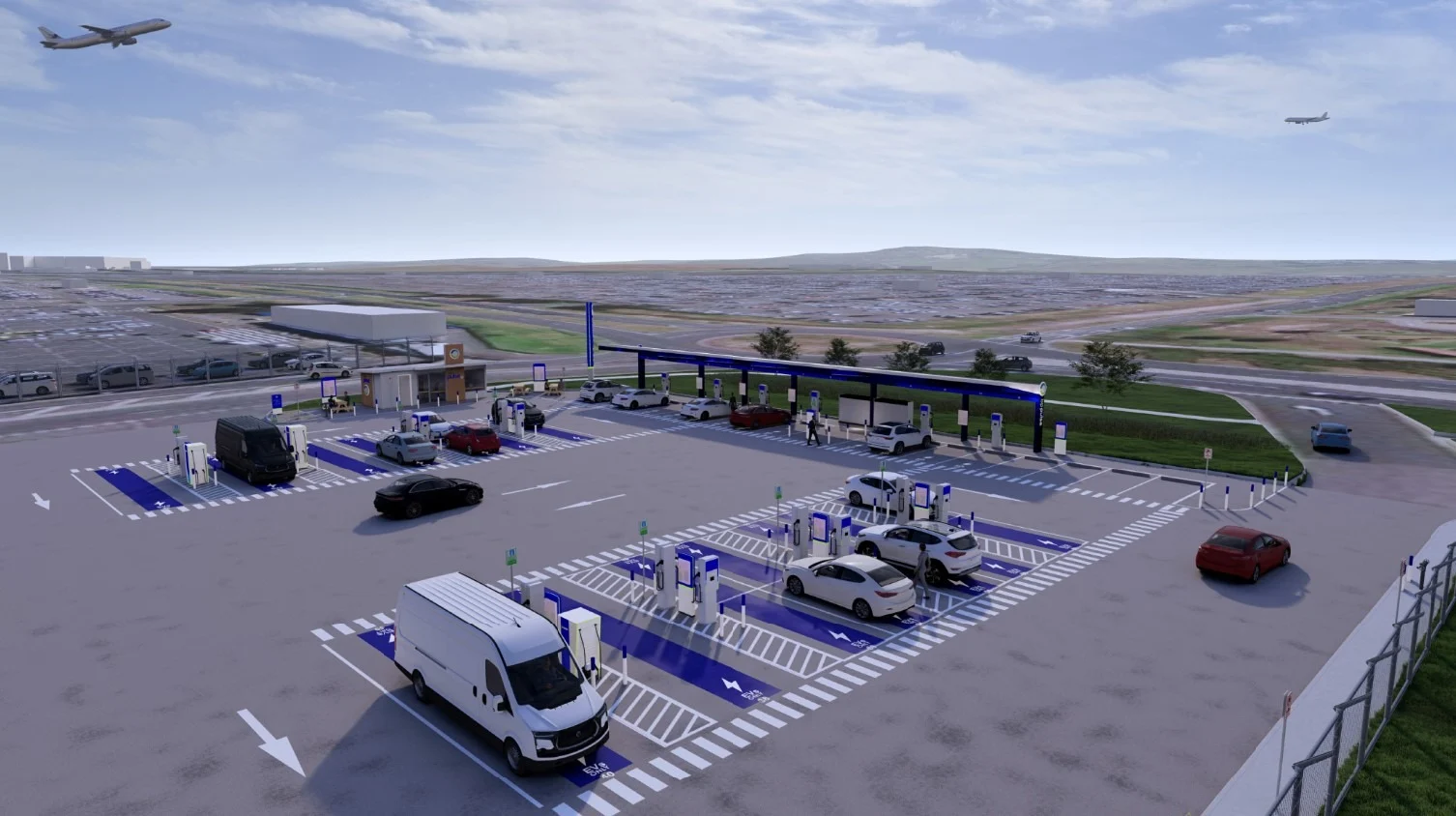 An aerial visualisation of a large bp pulse EV charging hub with multiple charging bays, vehicles charging, and planes visible near an airport location.