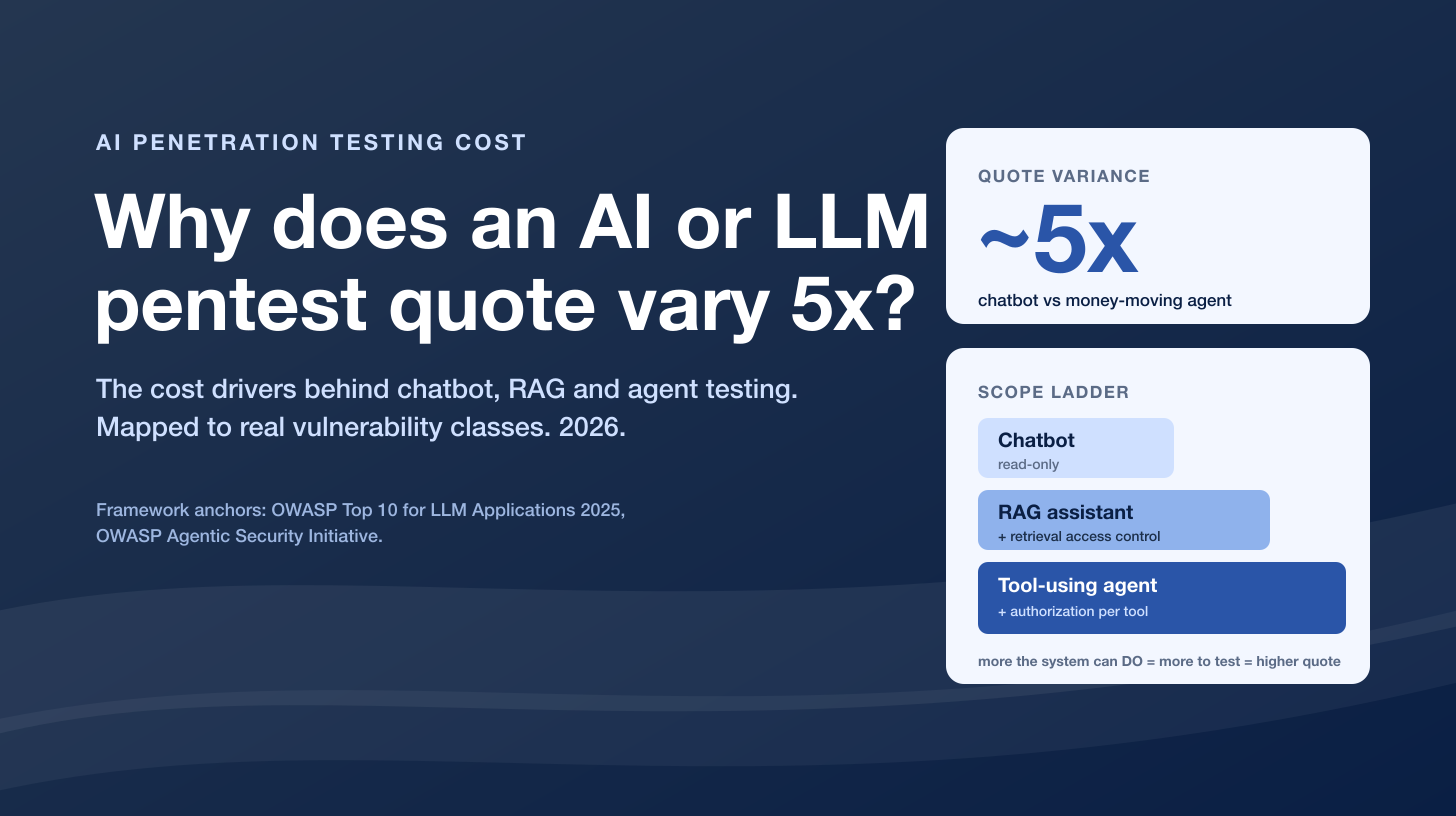Why Does an AI or LLM Pentest Quote Vary 5x? Cost Drivers Behind Chatbot, RAG and Agent Testing (2026)