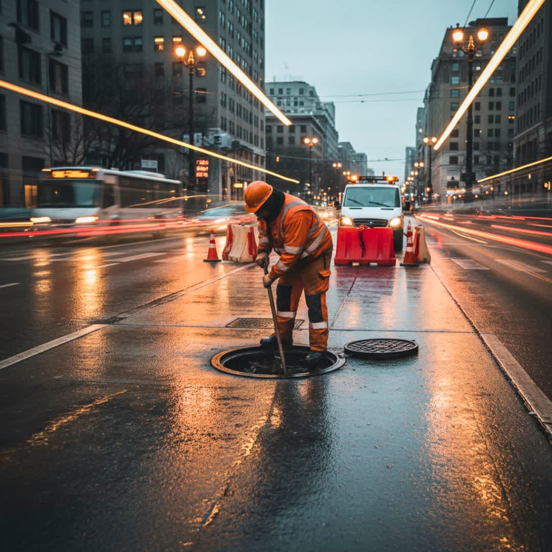 Arbeiter und Kanalschacht