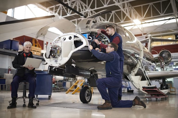 Experienced aircraft technician guiding a younger technician during maintenance work.
