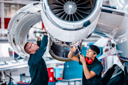 Team of aircraft mechanics working together on aircraft engine.