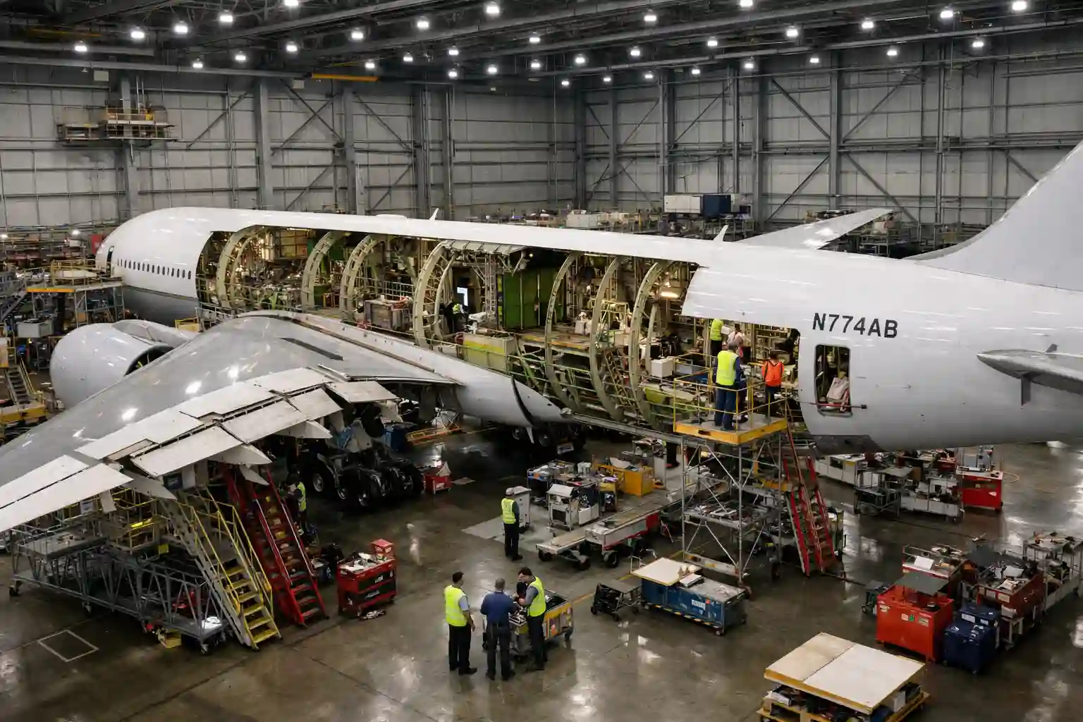 Aircraft undergoing heavy maintenance with open panels and technicians working on the fuselage.