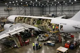 Aircraft undergoing heavy maintenance with open panels and technicians working on the fuselage.