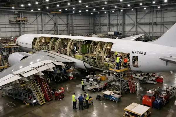 Aircraft undergoing heavy maintenance with open panels and technicians working on the fuselage.