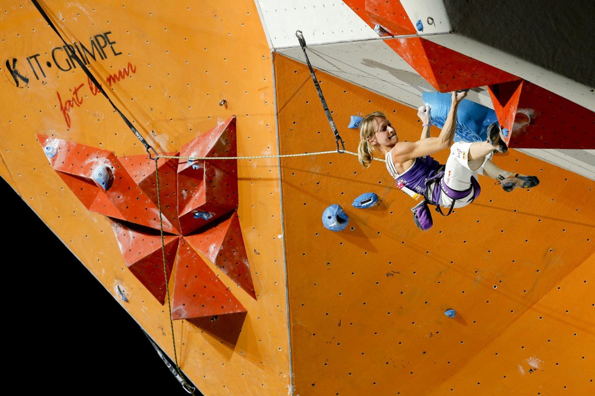 Angela Eiter performs during the IFSC World Climbing Championships in Paris