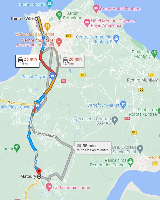 distance entre Cayenne et Matoury en Guyane 