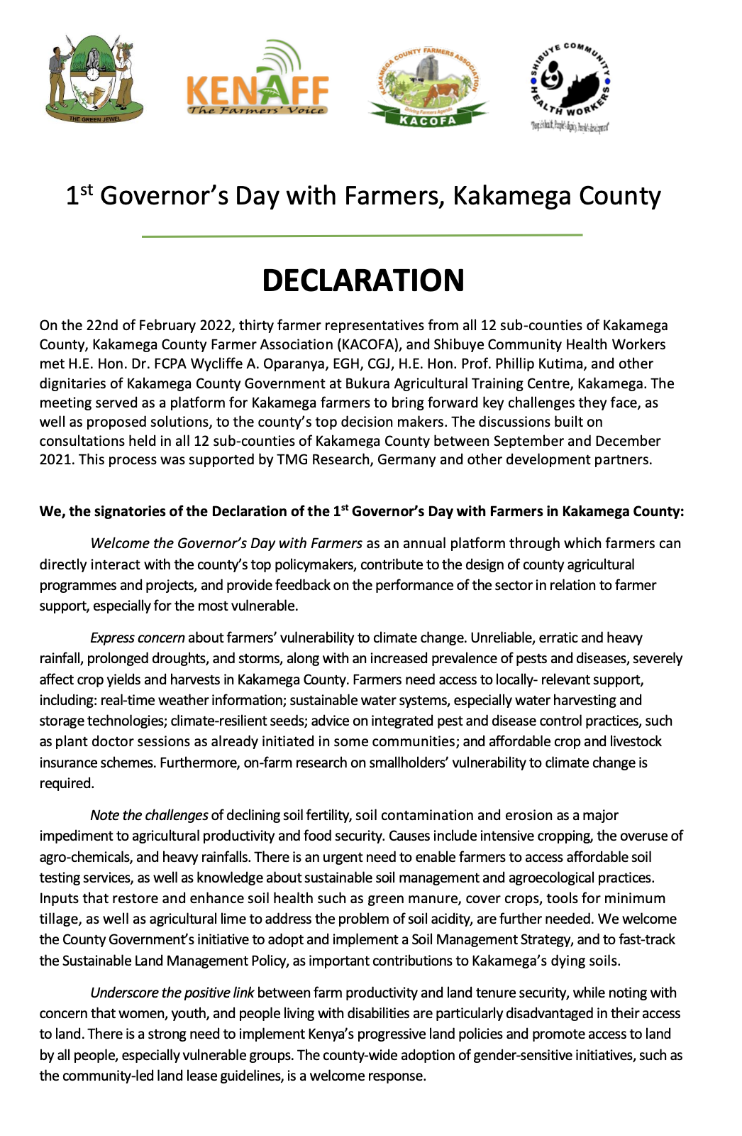 Declaration of the 1st Governor’s Day with Farmers