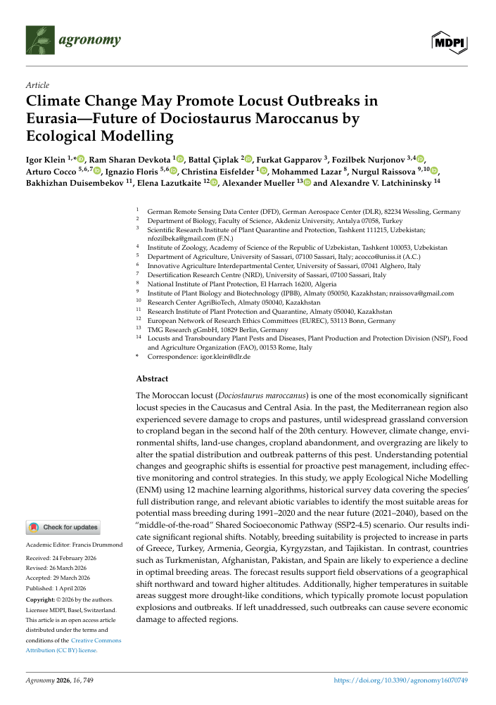 Climate Change May Promote Locust Outbreaks in Eurasia—Future of Dociostaurus Maroccanus by Ecological Modelling