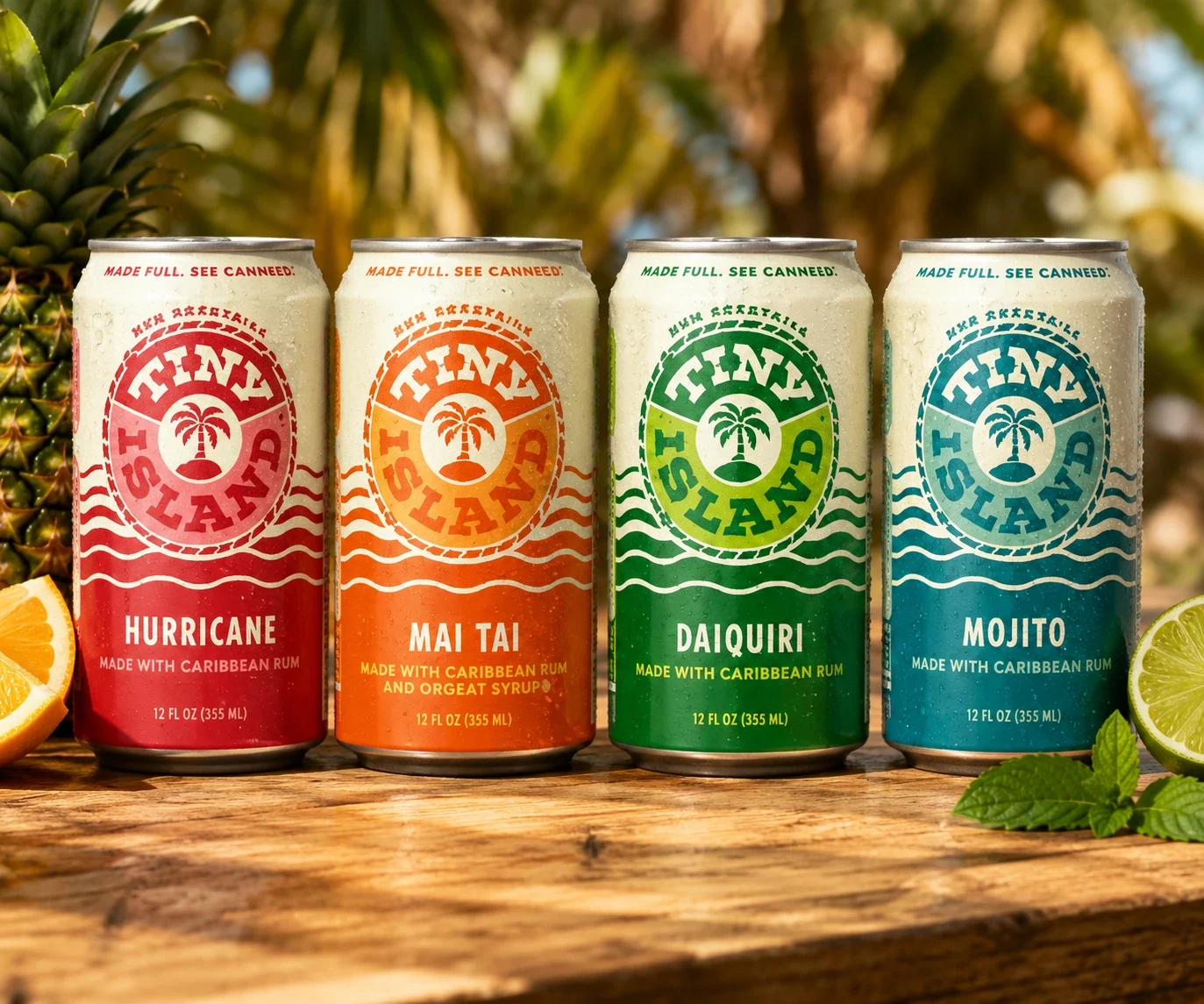 Tiny Island Cocktails packaging across the four-cocktail range