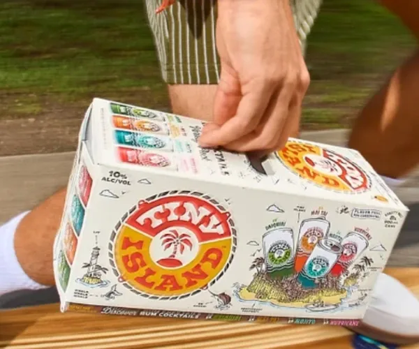Tiny Island Cocktails packaging carrying the three attributes shown under the welcome