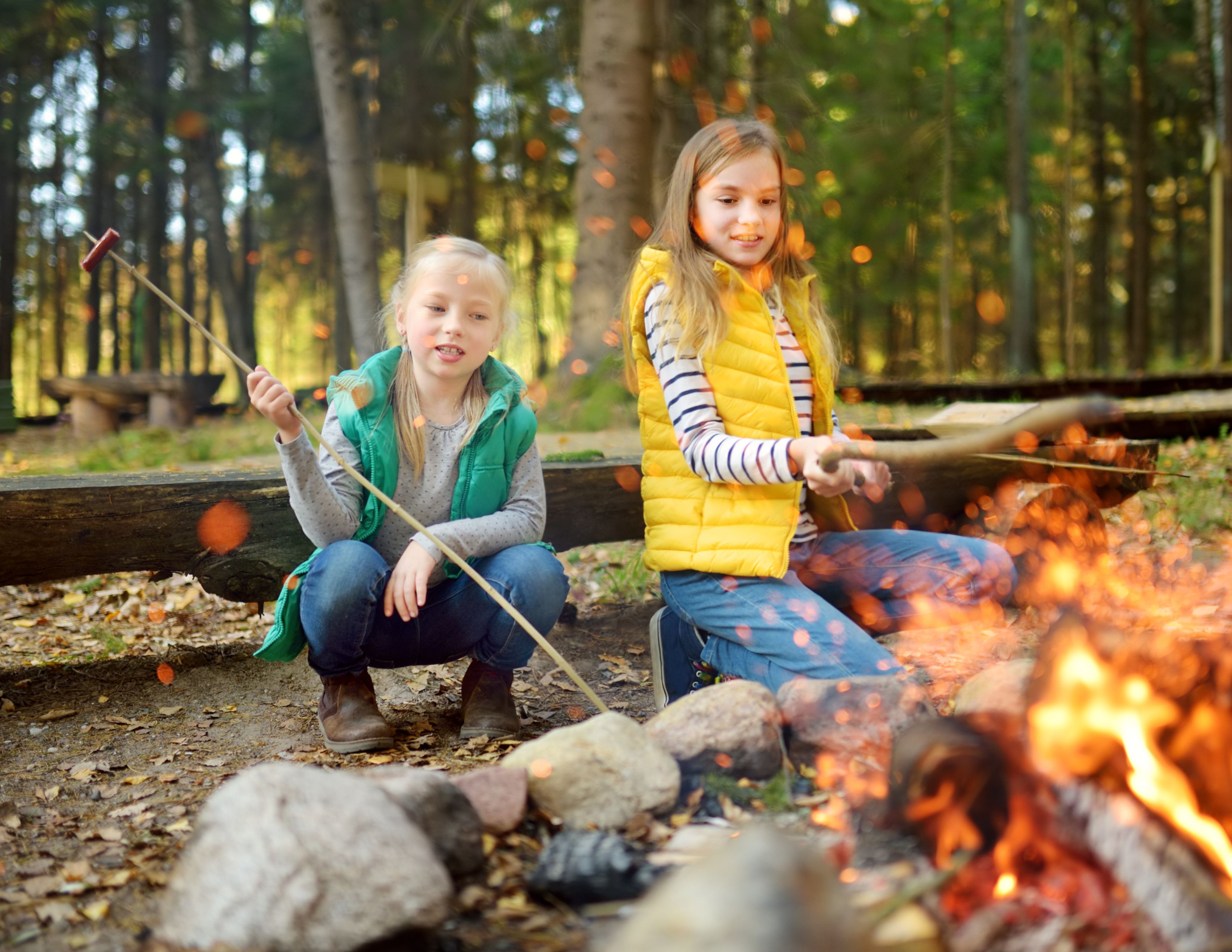 Kids roasting marshmallows by campfire